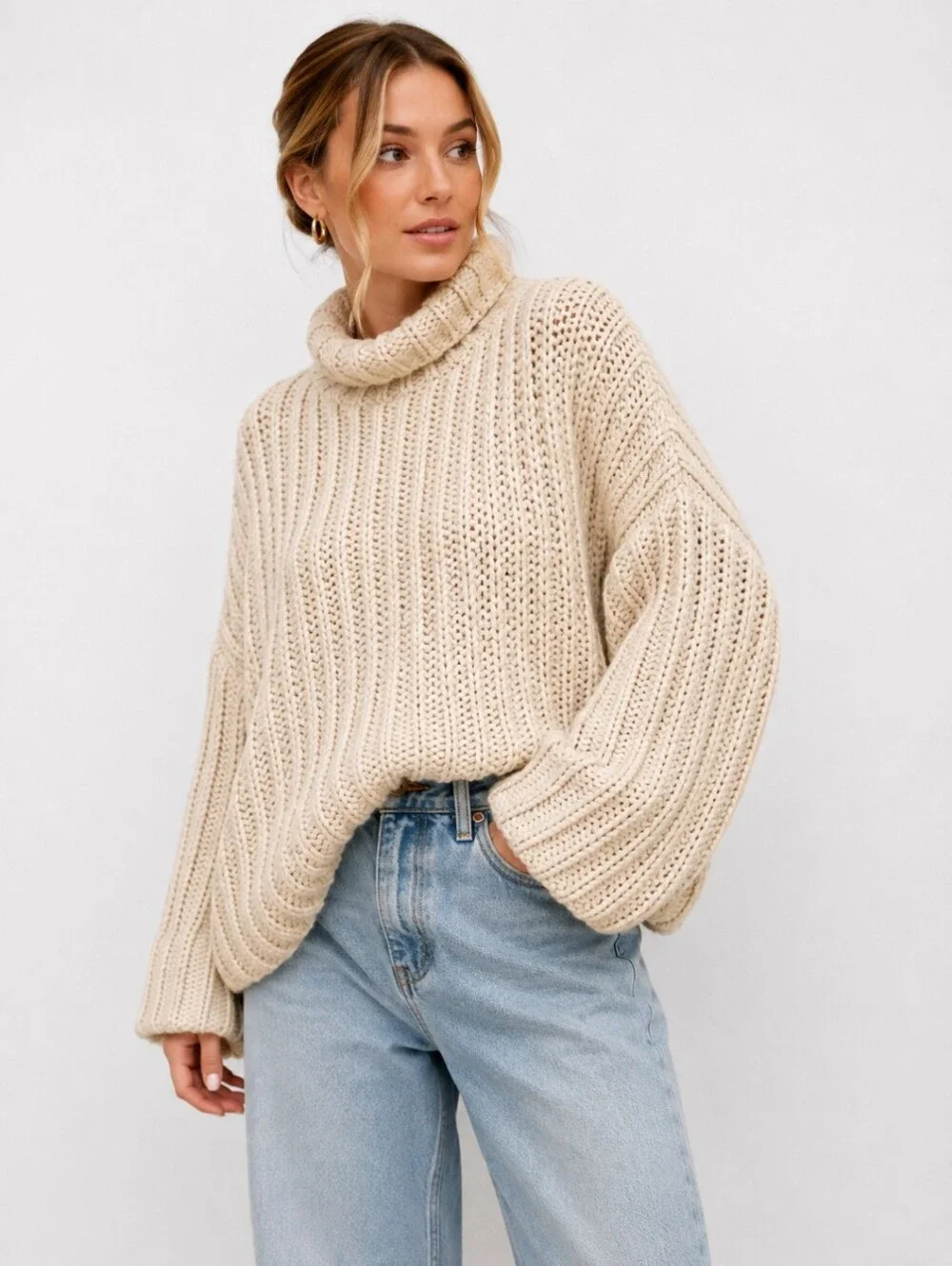 Free People Alpaca Wool Blend Chunky Knit Turtleneck Sweater Cream Oversized S